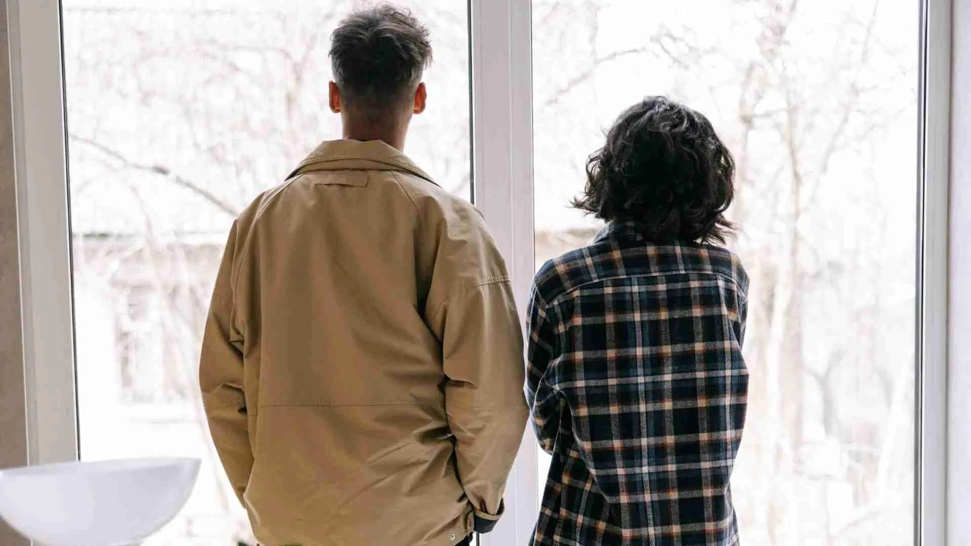 Home 22 A couple standing side by side with their backs to the camera, looking out a large window at bare winter trees, showing financial stress in relationships